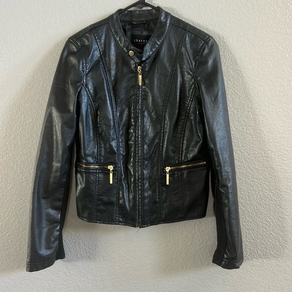 Therapy Black Faux Leather Jacket with Gold Details Size PM